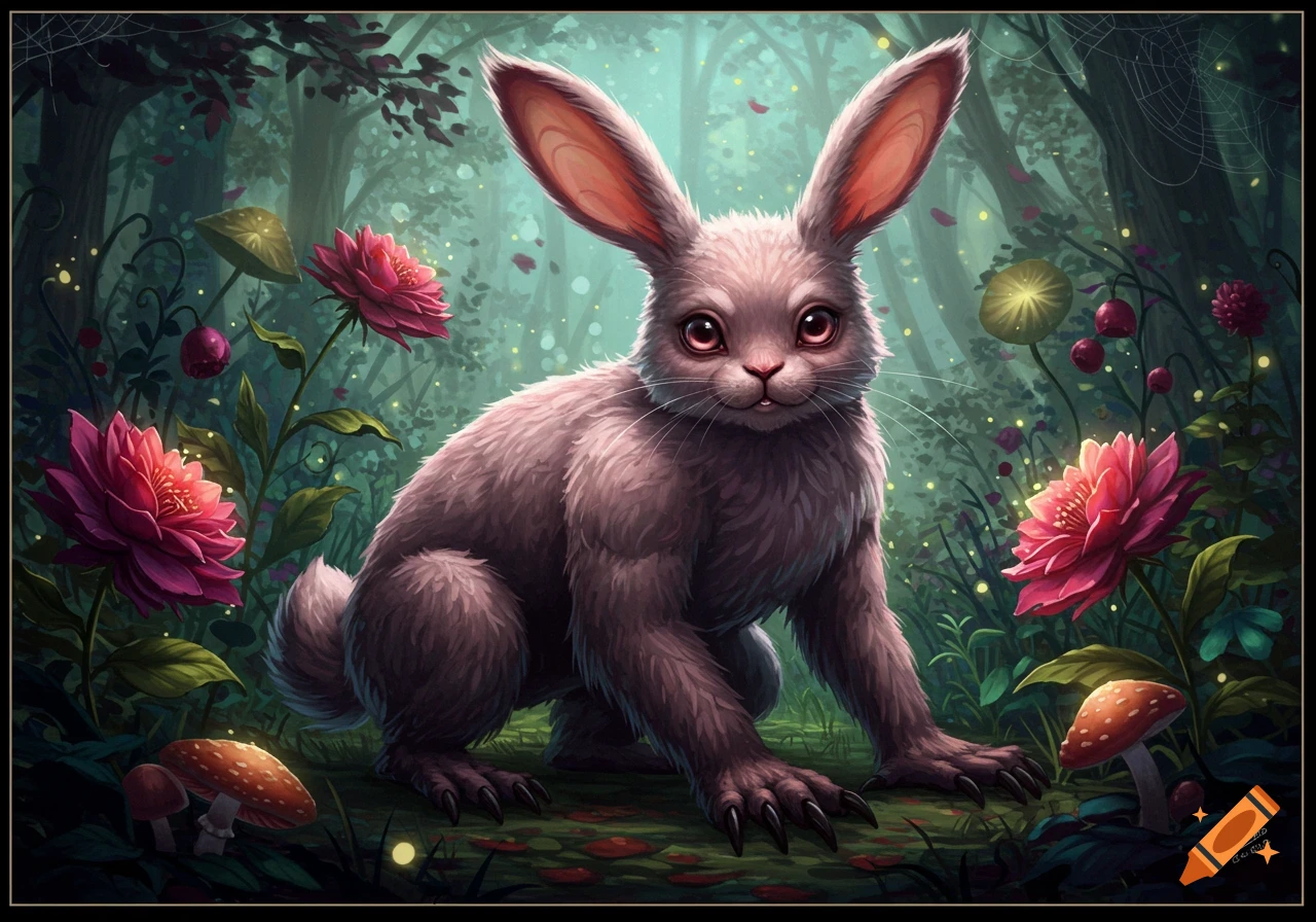 A fluffy, pinkish-gray bunny-like creature with large eyes and long claws crouches in a vibrant, mystical forest with glowing flowers and mushrooms, in an illustrated style.