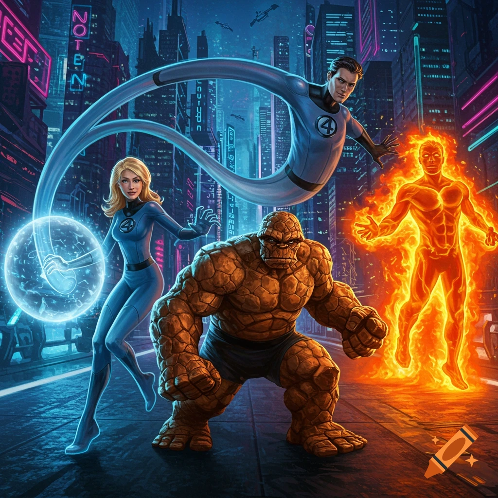 The Fantastic Four superheroes stand in a neon-lit futuristic city. Mr. Fantastic stretches, Invisible Woman forms a force field, Thing poses, and Human Torch is aflame in comic art style.