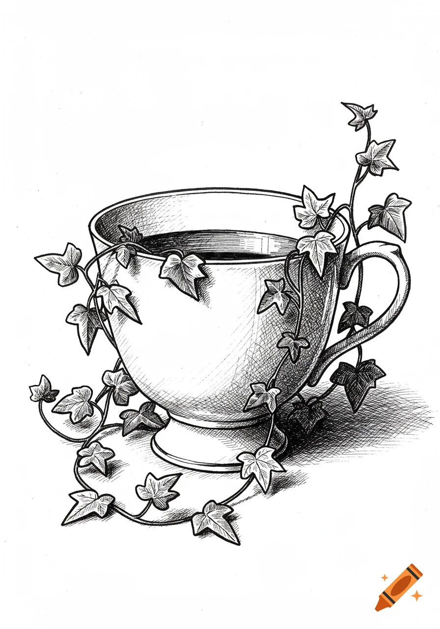 A black and white sketch of a teacup with ivy wrapped around it.