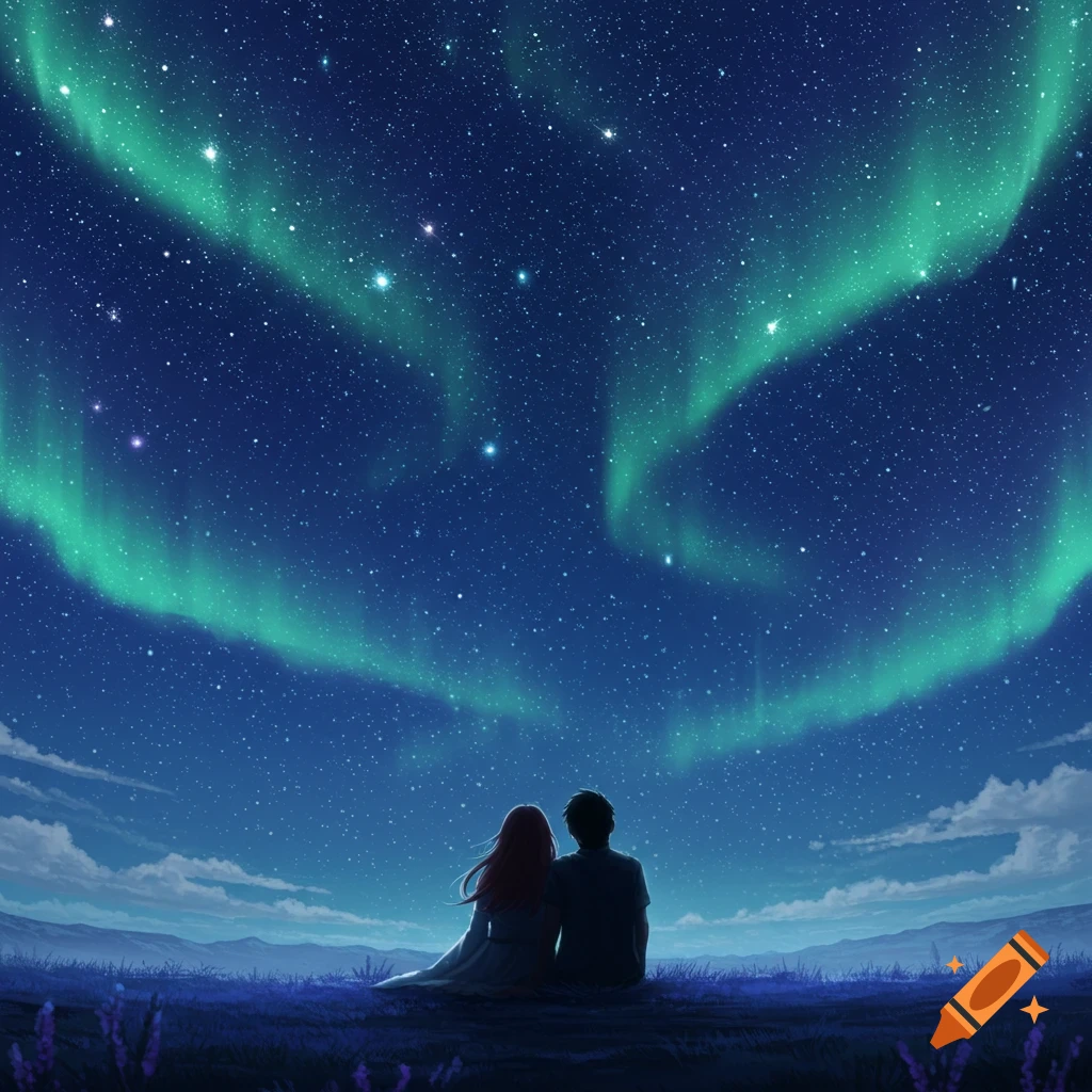 A couple sits on a grassy hill, gazing up at a vibrant green aurora borealis and a starry night sky in an anime style.
