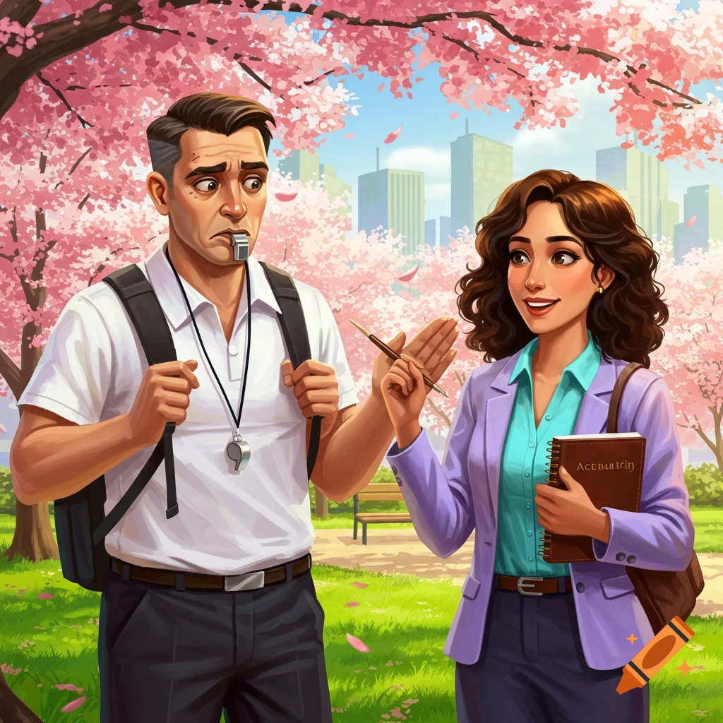 A confused coach with a whistle around his neck and a backpack looks at a smiling woman in a purple blazer holding a notebook in a park with pink cherry blossoms.