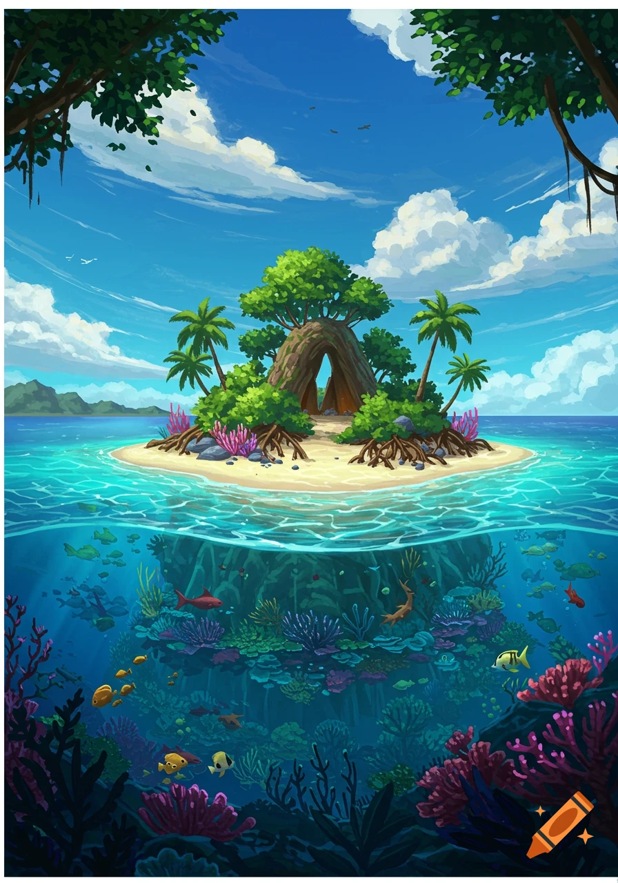 Stylized illustration of a tropical island with a natural arch and palm trees, showing a vibrant coral reef and fish underwater.