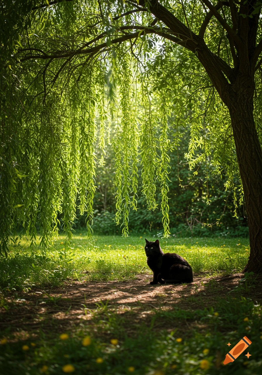 A photorealistic image of a black cat sitting under a weeping willow tree in a sunlit grassy area.