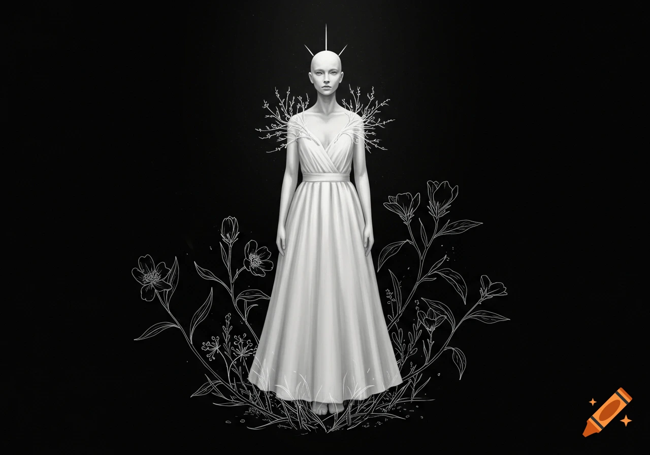 A bald, mannequin-like figure in a white dress against a black background with white floral outlines.