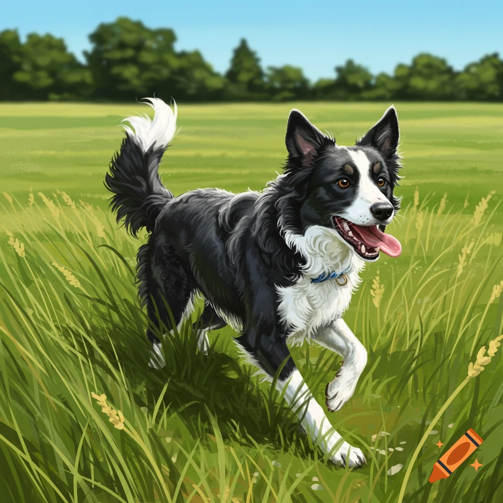 A black and white Border Collie dog with a blue collar runs through a green grassy field under a clear blue sky.