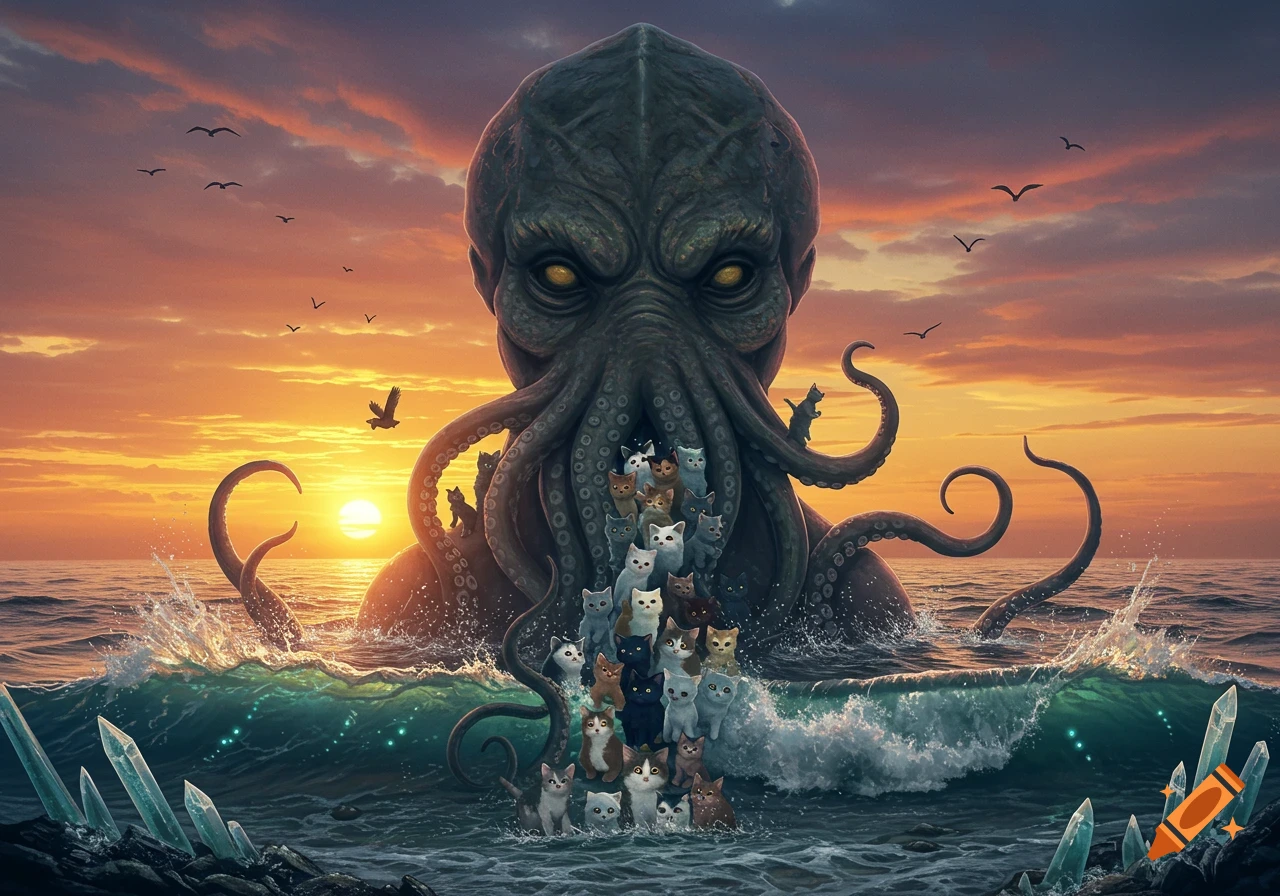 A large, green Cthulhu-like monster emerges from a sunset ocean, with dozens of kittens forming its facial tentacles and crawling on its body.
