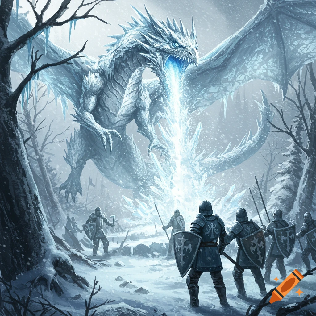 A giant ice dragon blasts ice at armored knights in a snowy, frozen forest. Stylized fantasy illustration.