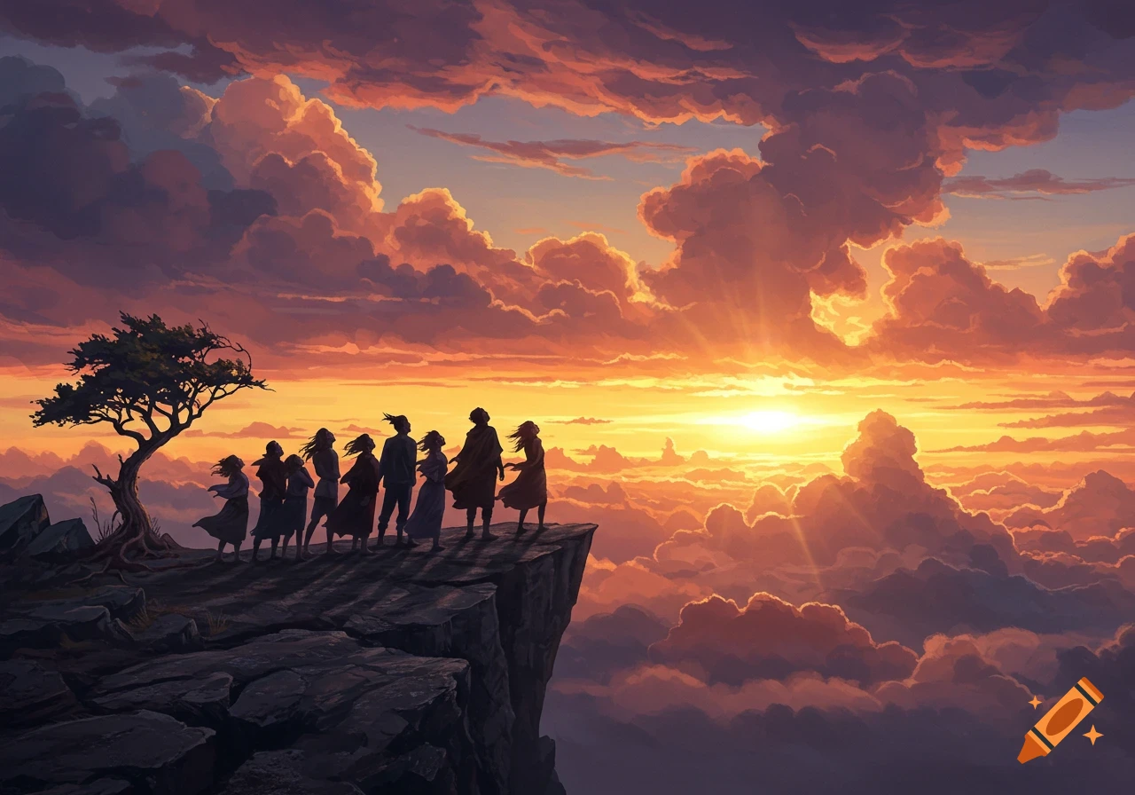 A group of people stand silhouetted on a cliff overlooking a vibrant orange and purple sunset with dramatic clouds.