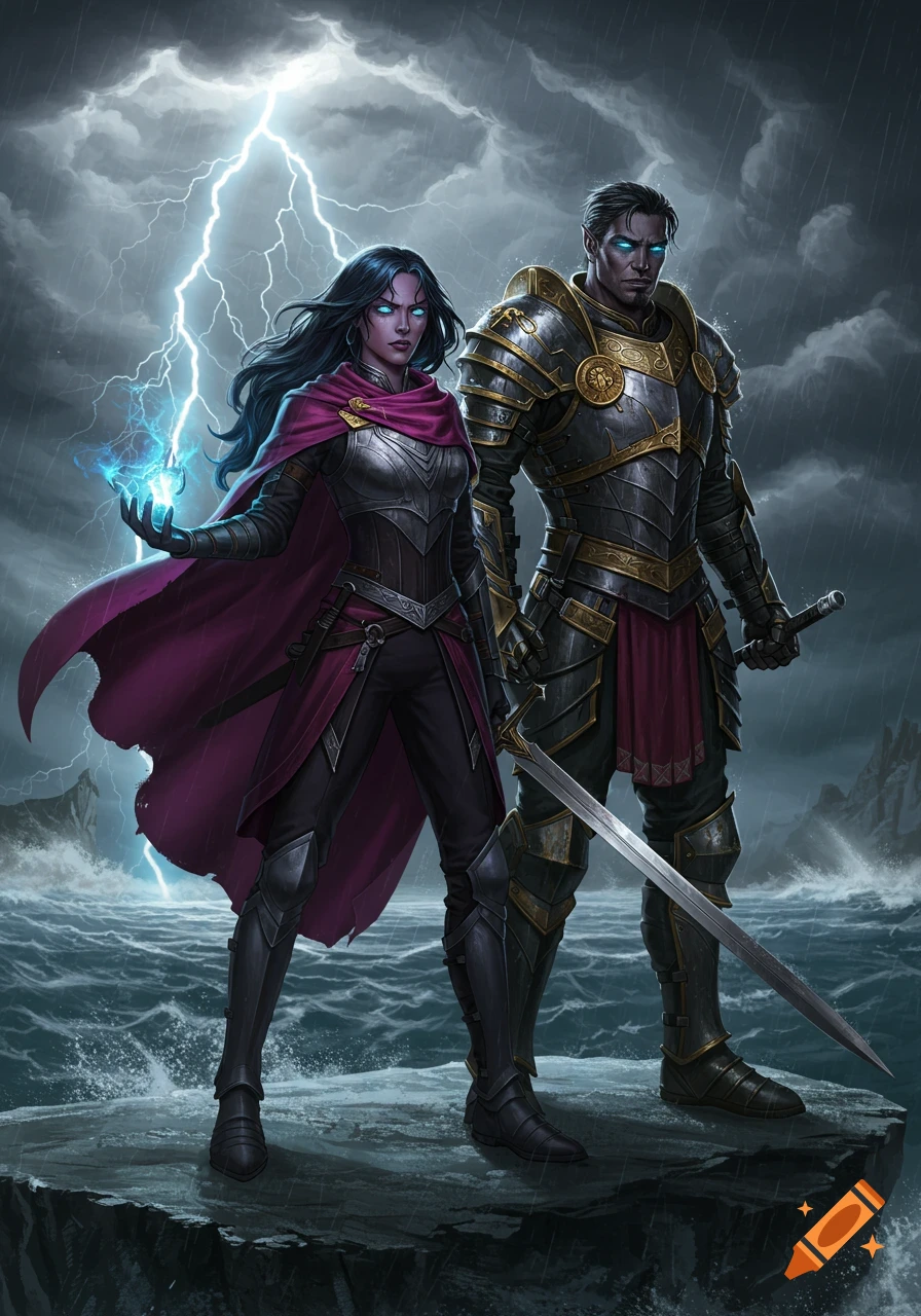 A man and a woman in fantasy armor with glowing blue eyes stand on a rock during a stormy sea with lightning, woman holds magic.