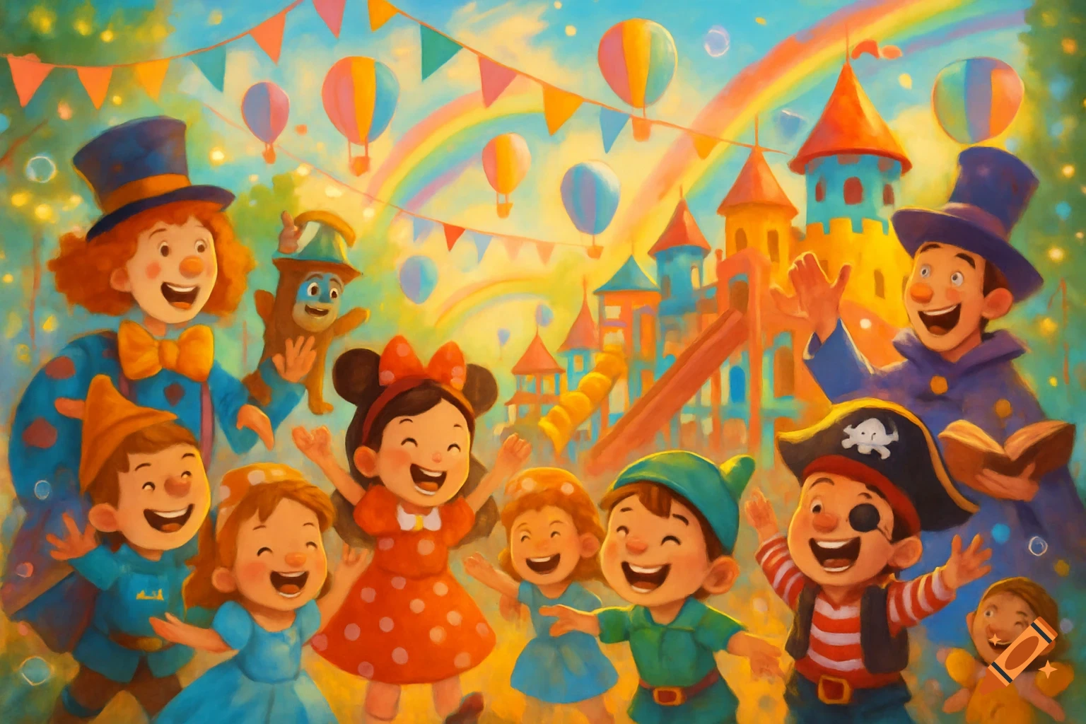 Vibrant cartoon of happy kids and adults in costumes at a colorful festival with a castle, hot air balloons, and a rainbow.