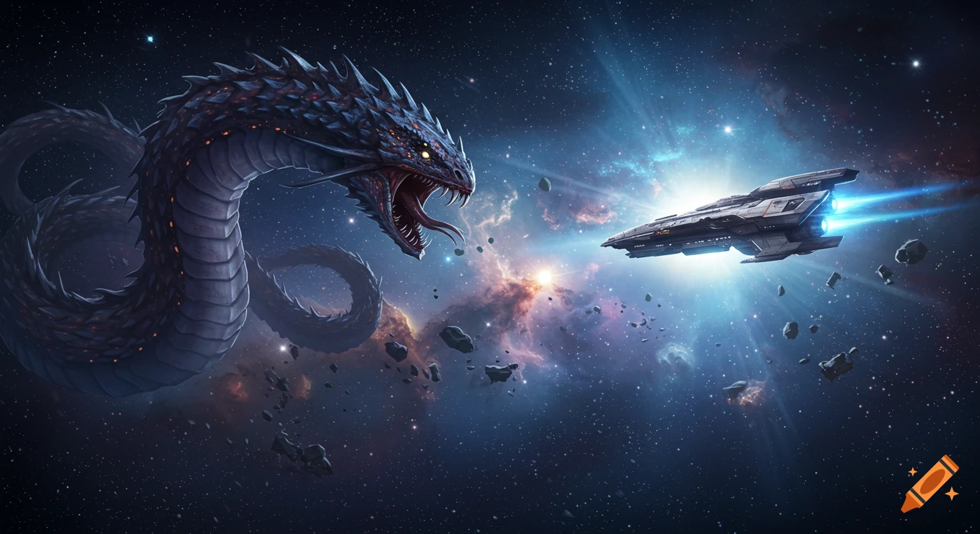 A large, menacing space dragon with glowing eyes confronts a futuristic spaceship in a starry, colorful galaxy filled with nebulas and asteroids.