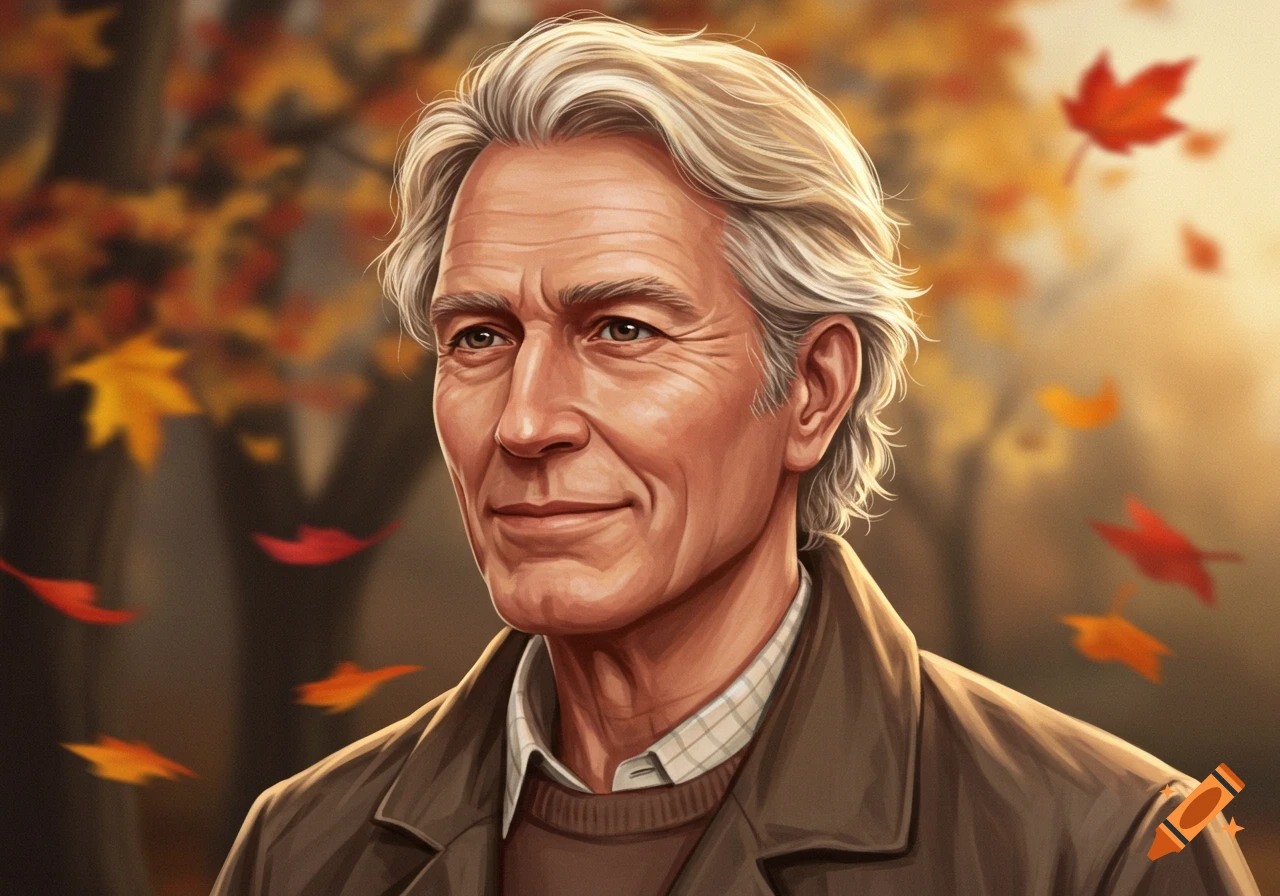A detailed portrait of an older man with white hair and a kind expression, set against a blurred autumn background with falling leaves.