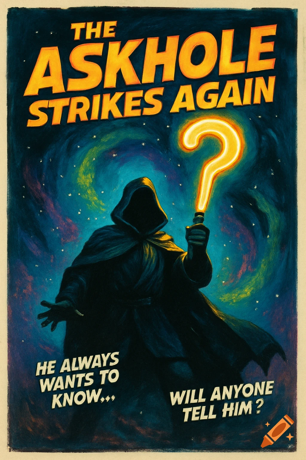 A dark, hooded figure holds a glowing question mark like a lightsaber, set against a vibrant cosmic vortex. Text reads "THE ASKHOLE STRIKES AGAIN", "HE ALWAYS WANTS TO KNOW...", and "WILL ANYONE TELL HIM?". The image has a humorous movie poster art style.