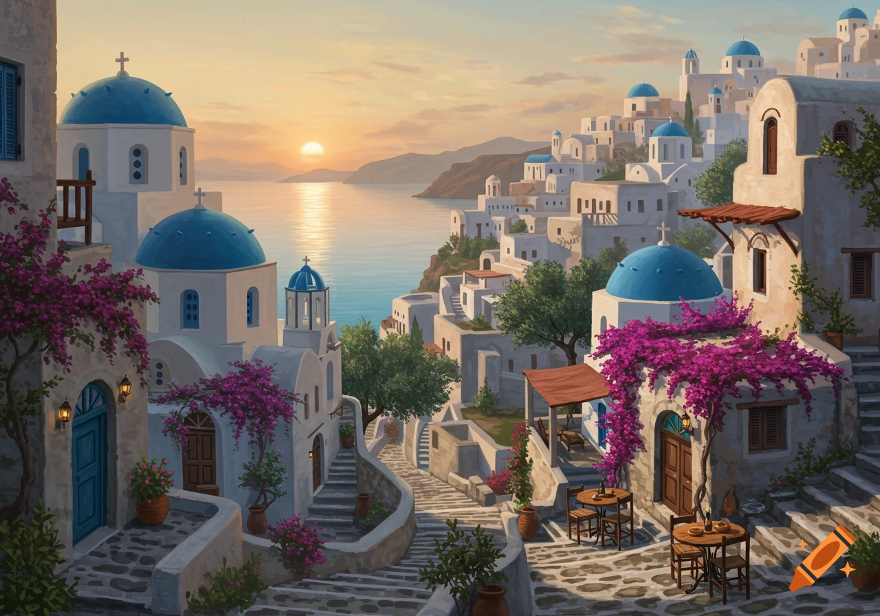 A picturesque Greek-style town with white buildings, blue domes, and purple bougainvillea overlooks a calm sea at sunset, with cobblestone streets leading through the village.