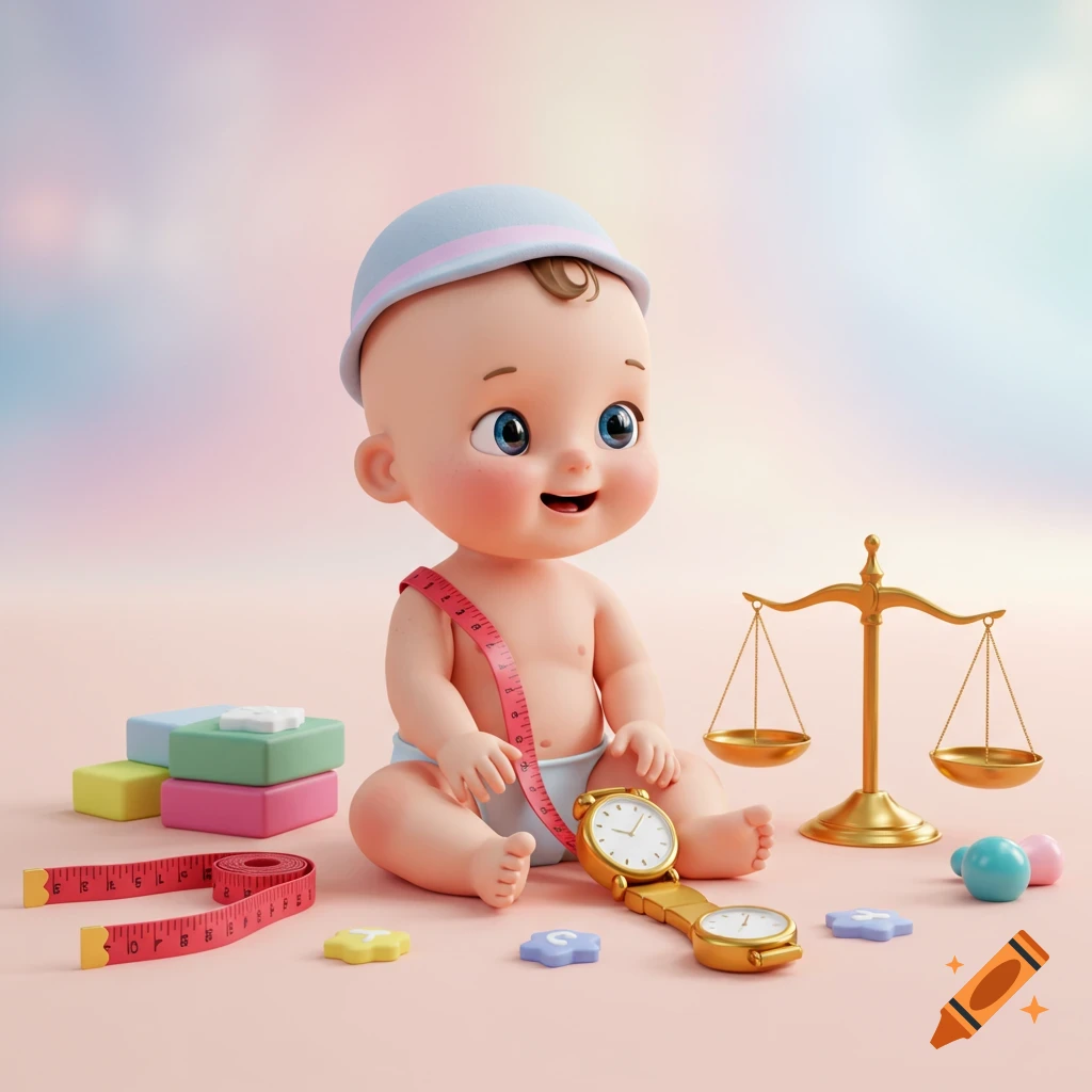 A cute, smiling cartoon baby in a blue hat sits on a pink surface surrounded by a tape measure, scales, blocks, and a watch.