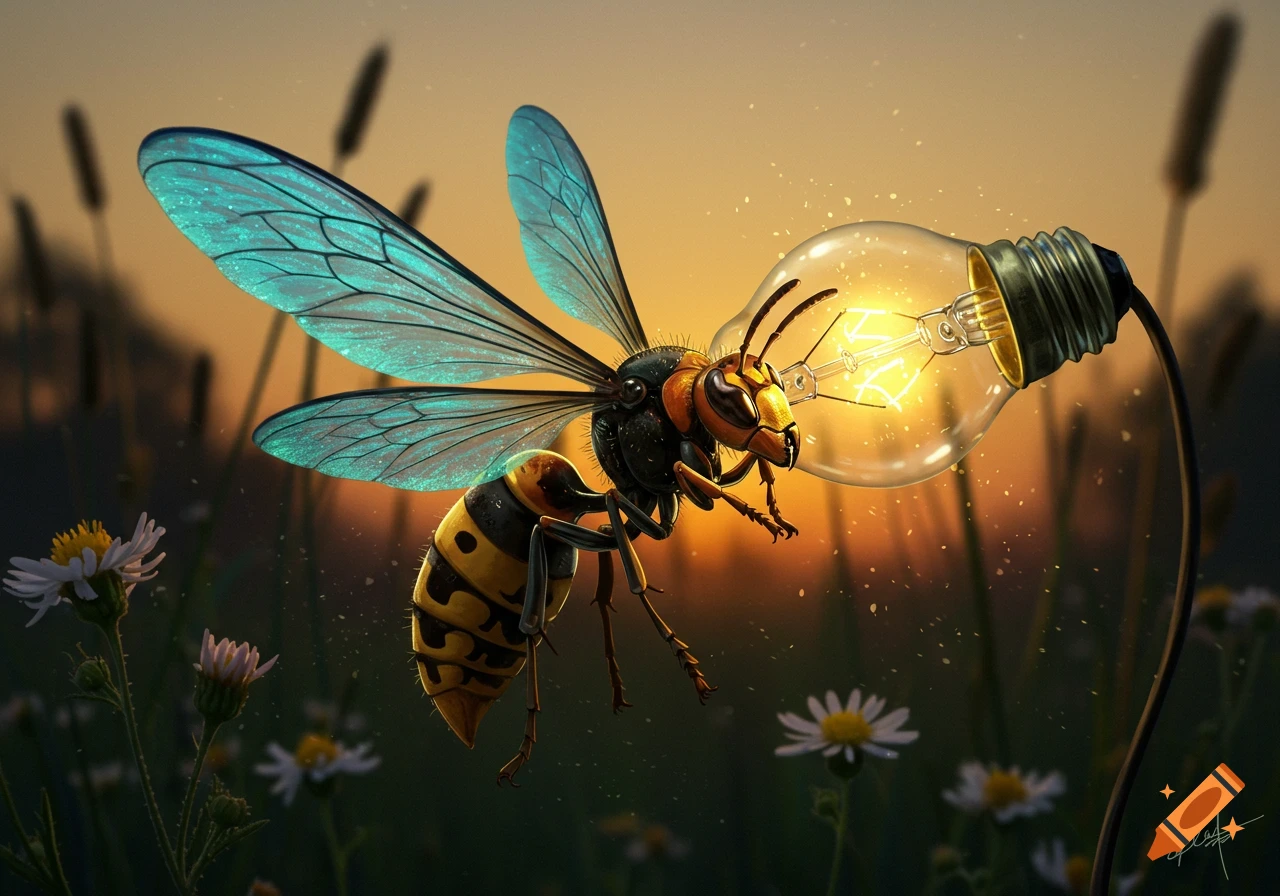 A glowing hornet with teal wings and a light bulb body flies over a field of daisies at sunset.