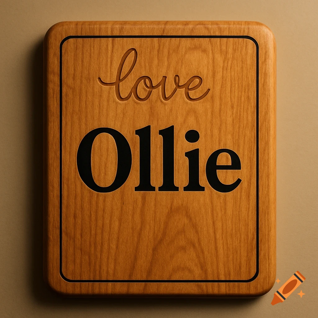 A rectangular wooden sign with rounded corners, featuring the word "love" carved in cursive text above "Ollie" in a larger, bold serif font.