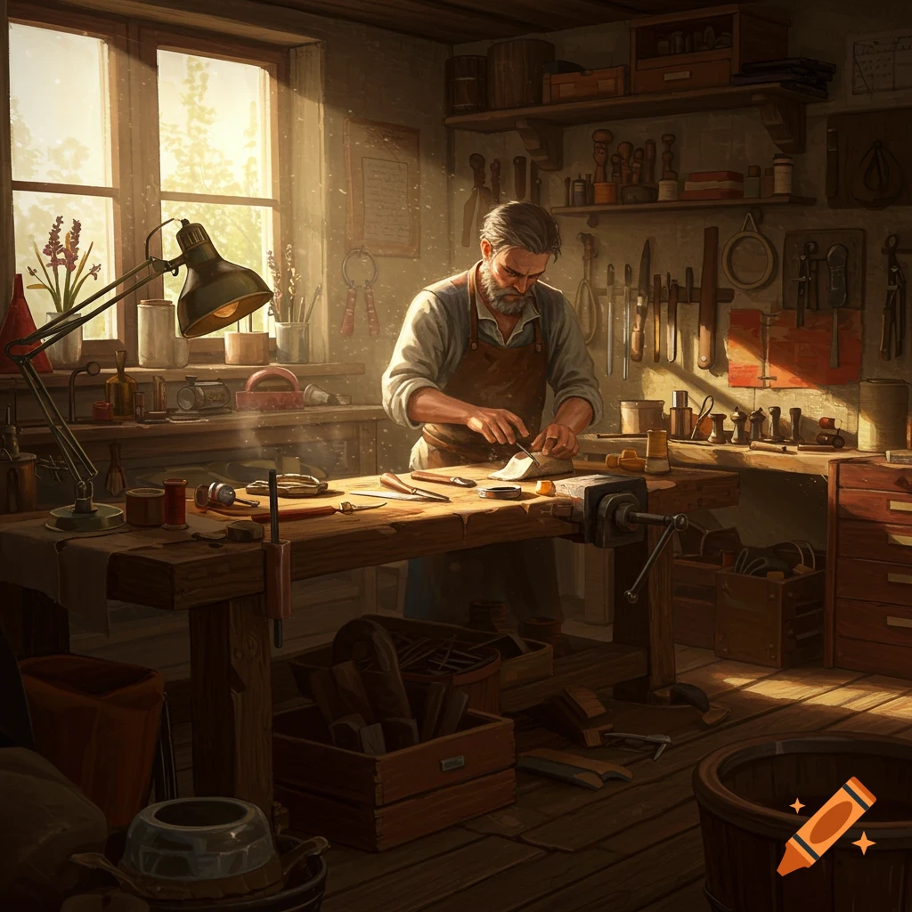 A man with a beard and apron works on a piece of material at a wooden workbench in a sunlit, cluttered workshop.