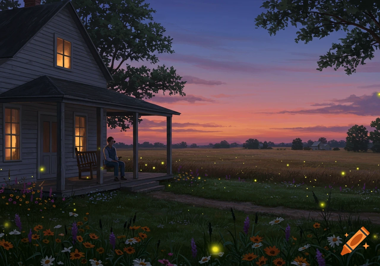 A serene digital painting of a person on a rural house porch at dusk, overlooking fields illuminated by many fireflies and wildflowers.