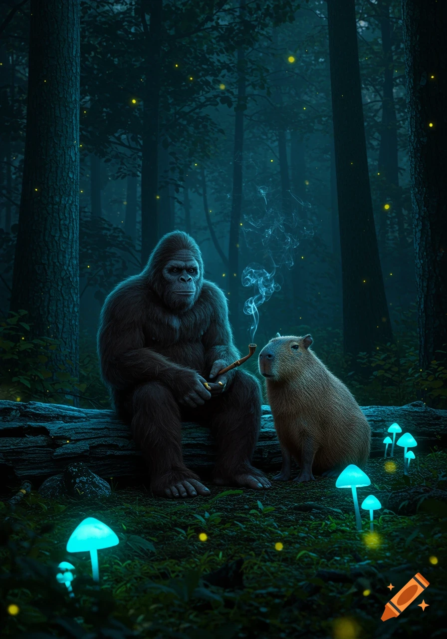 A bigfoot and a capybara sit on a log in a mystical forest with glowing mushrooms and fireflies, bigfoot smoking a pipe.