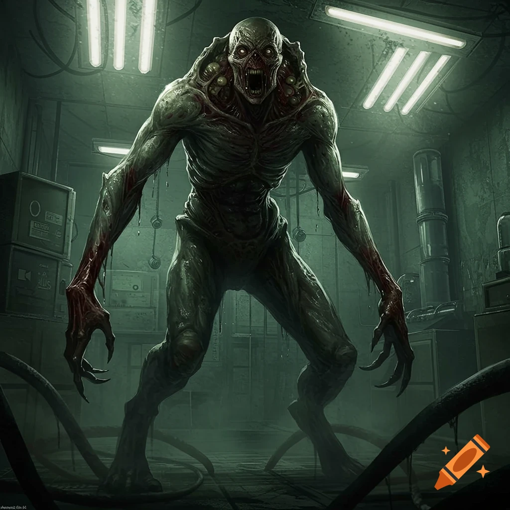 A grotesque, pale green monster with glowing red eyes, sharp claws, and exposed flesh stands in a dark, grimy laboratory under fluorescent lights, reminiscent of a Resident Evil creature.