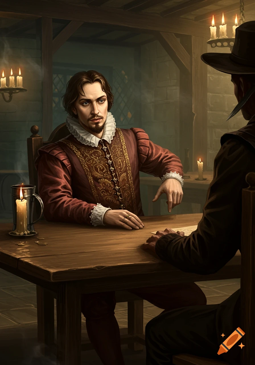 A man in Renaissance attire with a ruff sits at a wooden table, gesturing toward another man in a dark hat and coat, in a dimly lit, candlelit room.