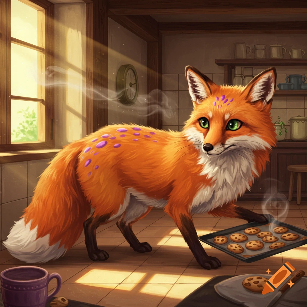 A cartoonish orange fox with purple spots and green eyes holds a tray of cookies in a sunlit kitchen.
