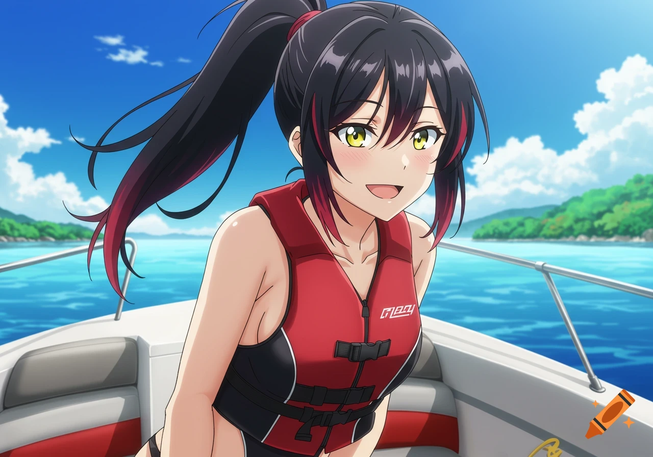 An anime-style young woman with black and red hair in a life jacket smiles on a boat in a sunny blue sea.