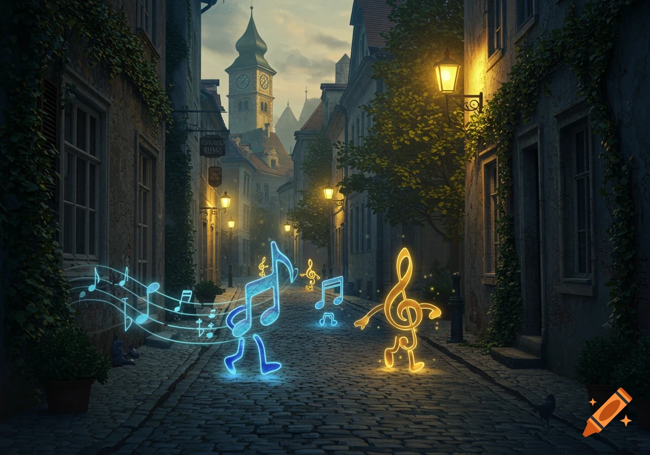 Glowing blue and yellow music notes with legs walk down a cobblestone alley lined with old buildings and street lamps under a cloudy sky.