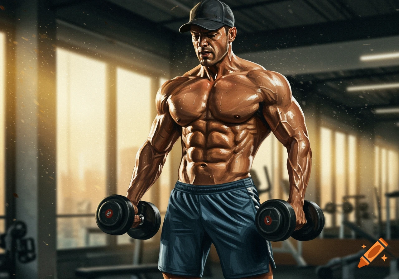 A heavily muscled man in a baseball cap and shorts holds dumbbells in a gym, his body glistening with sweat.