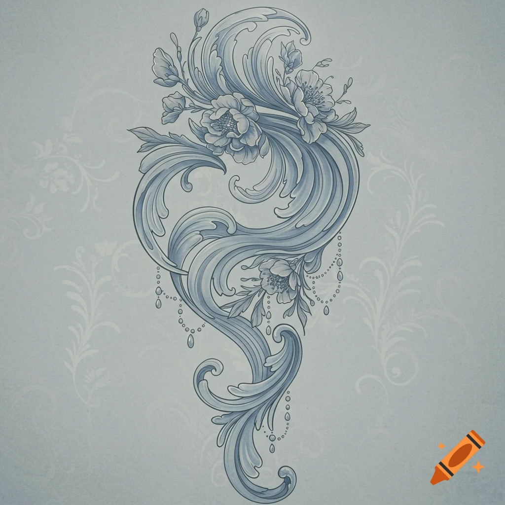 An elegant monochrome floral and scroll design with dangling beads on a light blue background.