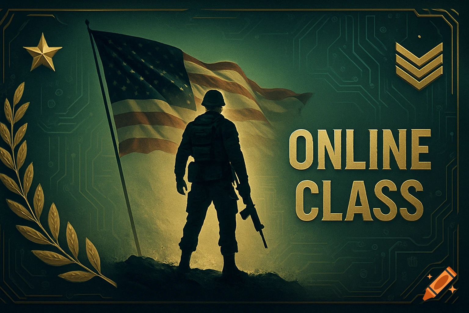 A military-themed banner featuring a silhouetted soldier holding a rifle in front of a waving American flag, with the text 'ONLINE CLASS'.
