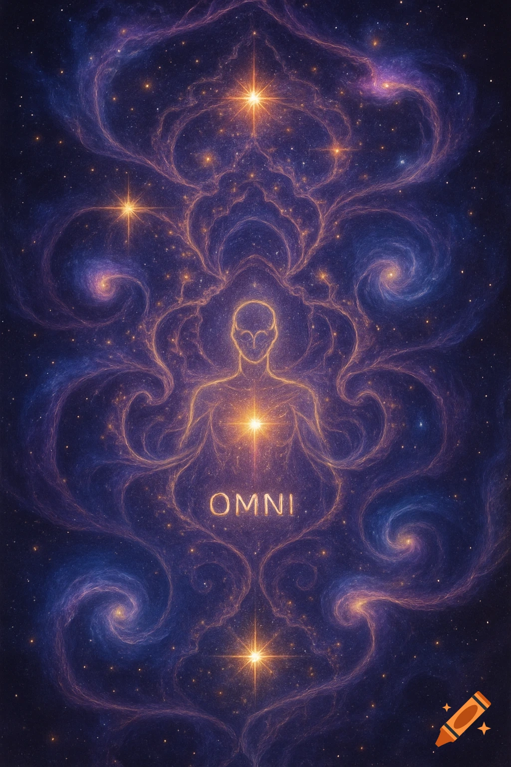 A glowing, ethereal human figure outlined in a vibrant purple and orange cosmic nebula with the word OMNI below.