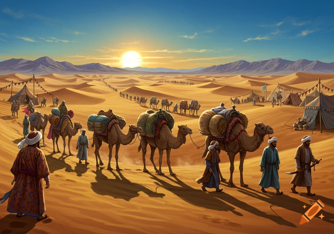 A caravan of people and camels travels through a sandy desert at sunset, with mountains and tents in the background.