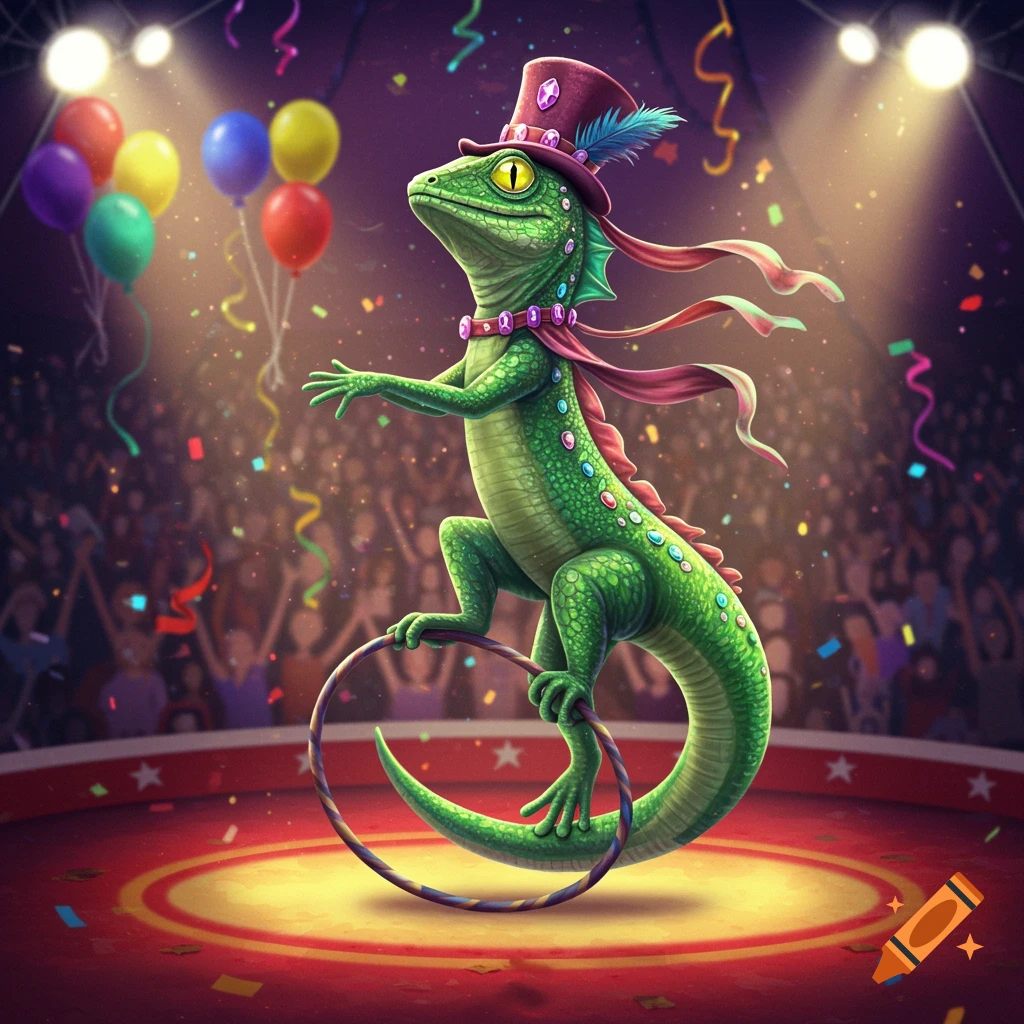 A green, cartoonish lizard wearing a top hat and scarf balances on a hula hoop on a circus stage with a cheering audience, balloons, and confetti.