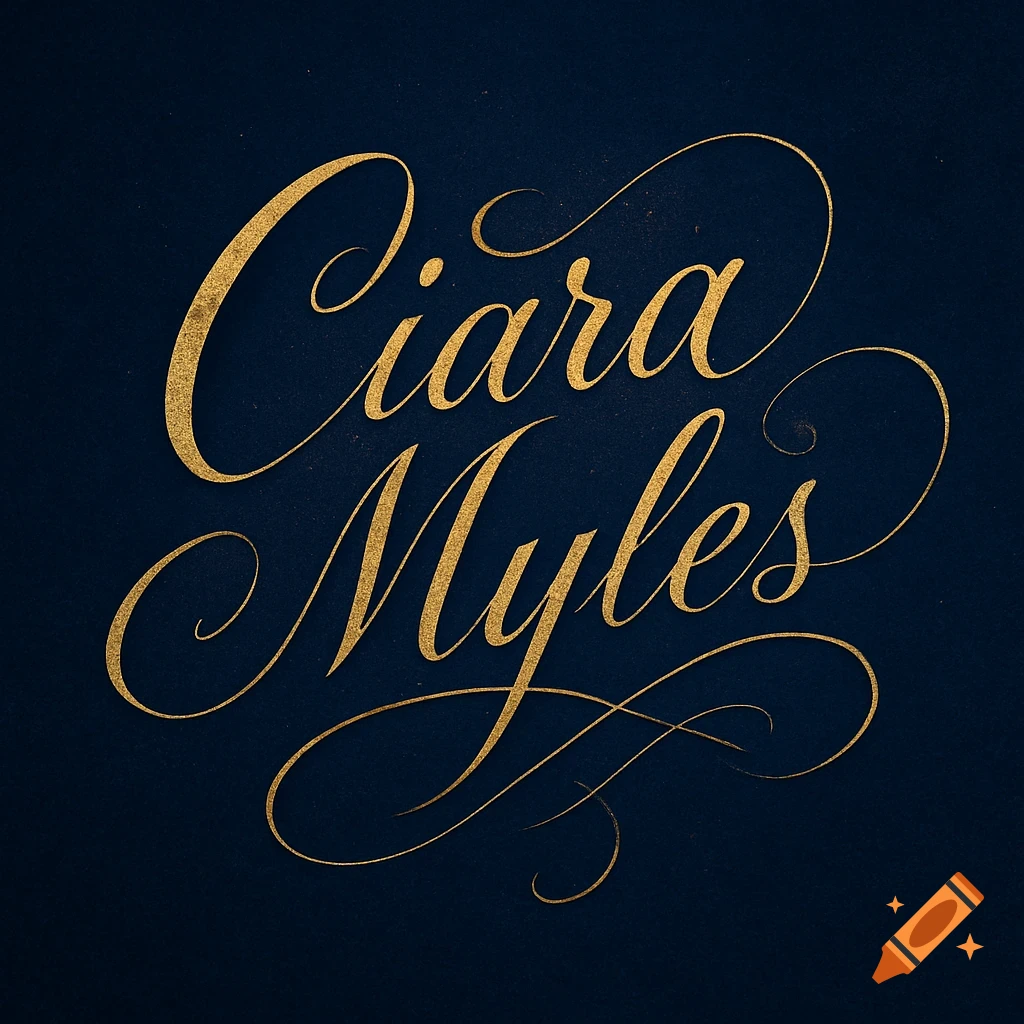 Golden ornate script spelling 'Ciara Myles' on a dark blue background with gold dust specks.