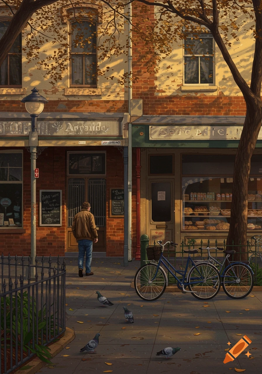 A man walks past brick buildings with shopfronts on an autumn street, with bicycles parked and pigeons on the sidewalk.