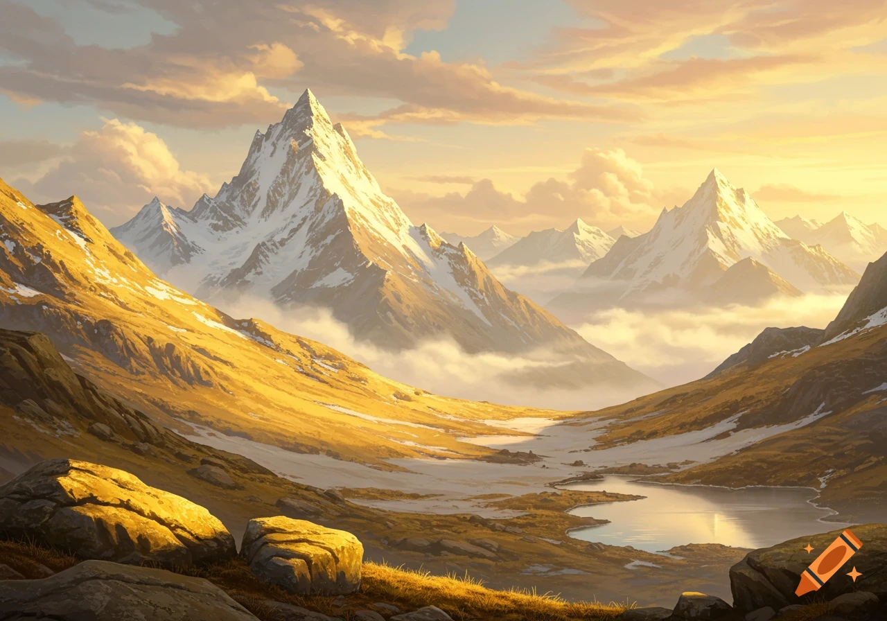 A serene mountain landscape with snow-capped peaks, golden valleys, a small lake, and a warm cloudy sky at sunset.