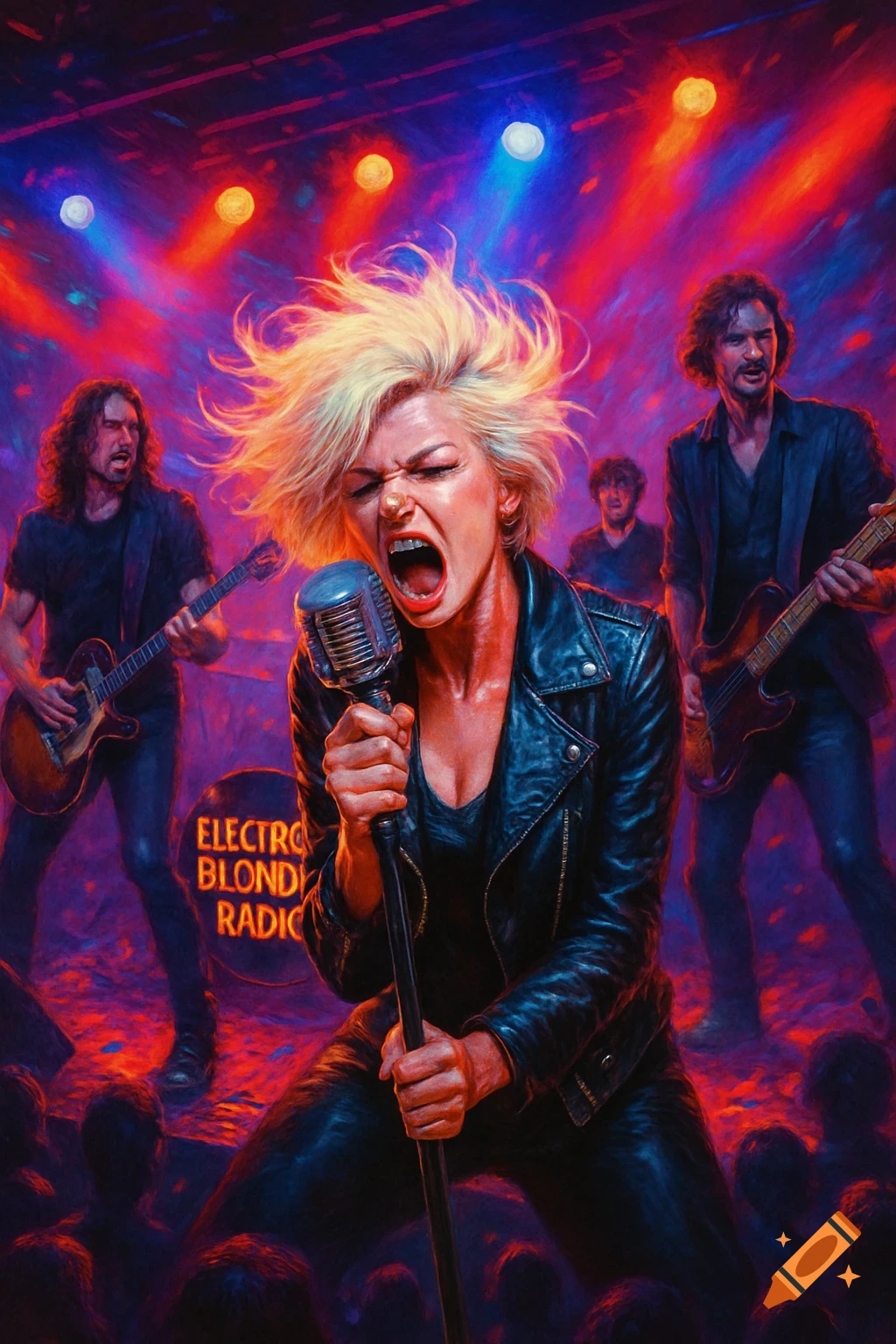 A vibrant, painted scene of a rock band performing on stage under red and blue lights, with the lead singer belting into a microphone.