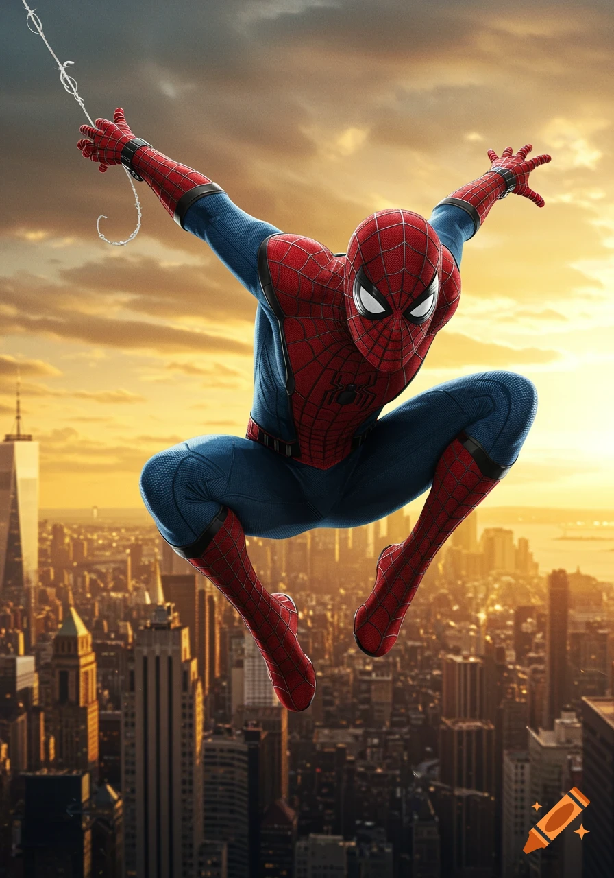 Photorealistic Spider-Man in his red and blue suit leaps over a city skyline at sunset, holding a web.