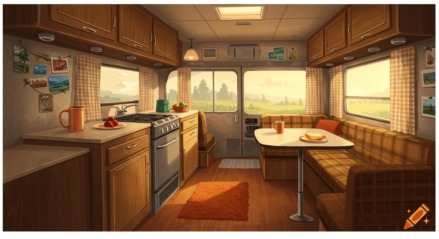 2D illustration of a dated RV interior with a kitchen, dining area, and windows showing a green landscape.