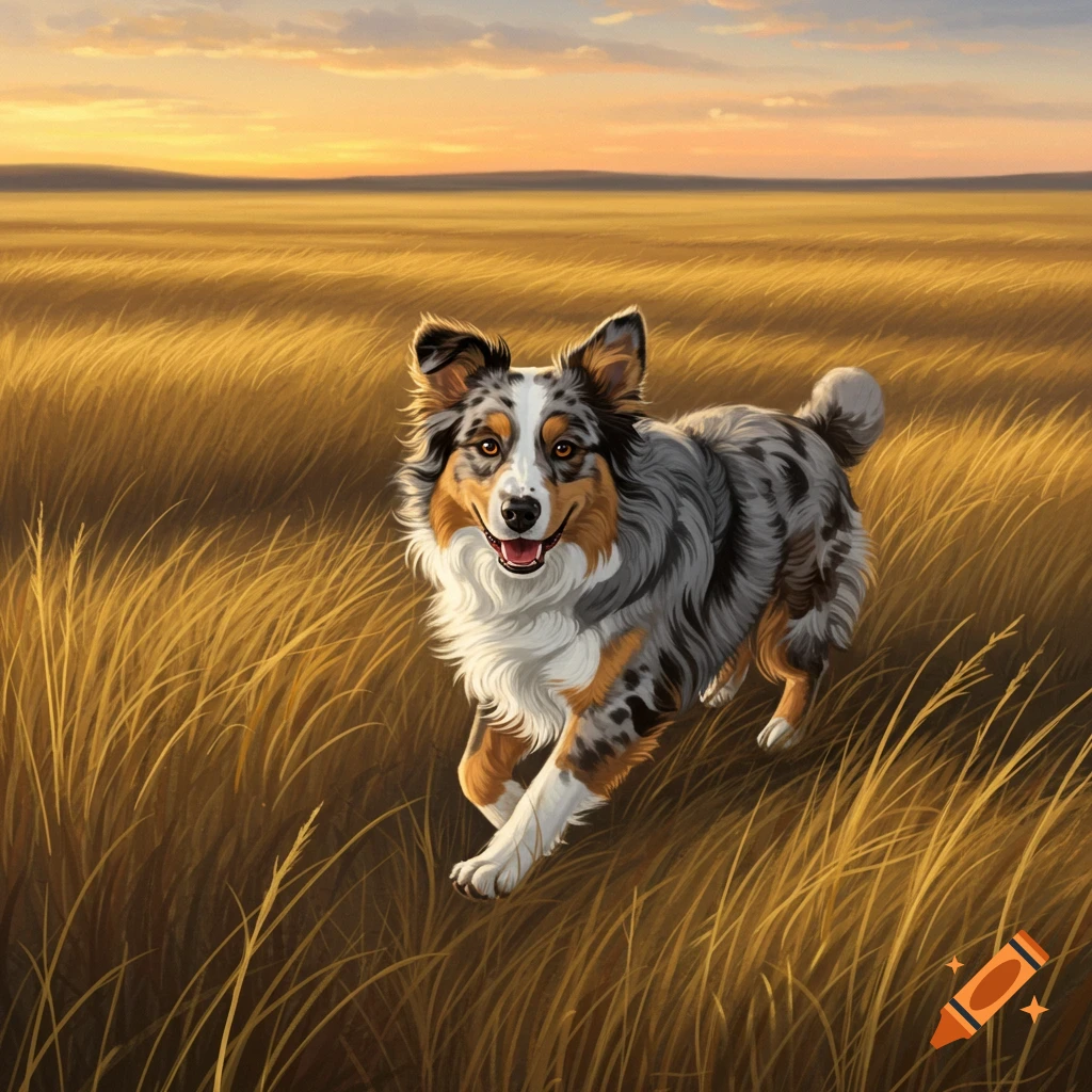 A happy Australian Shepherd dog runs through a golden field of tall grass at sunset.