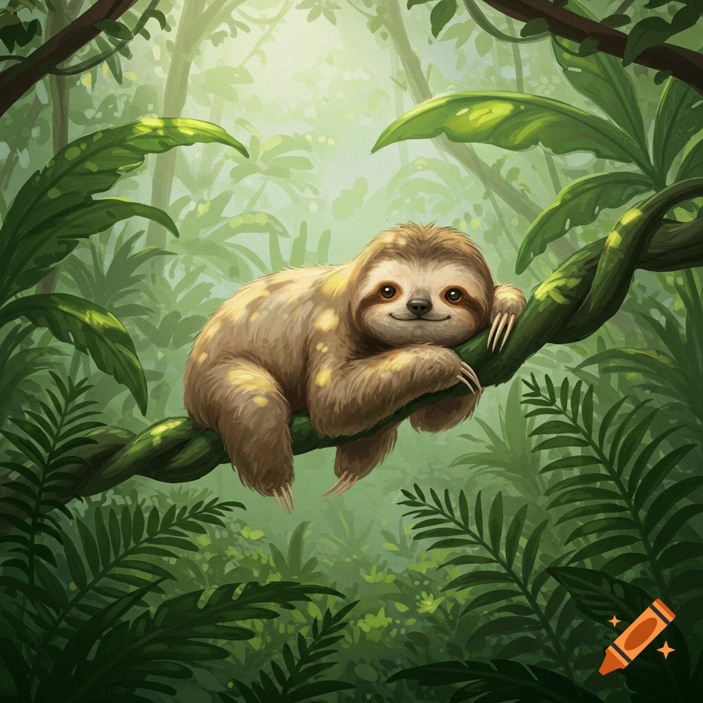 Cute cartoon sloth with a gentle smile resting on a twisted vine in a lush, sunlit green jungle illustration.