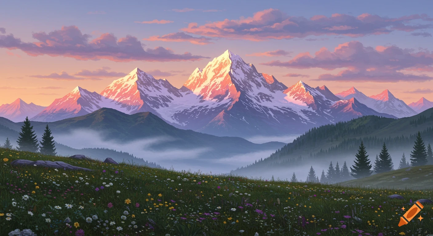 A stunning mountain landscape at sunrise, with snow-capped