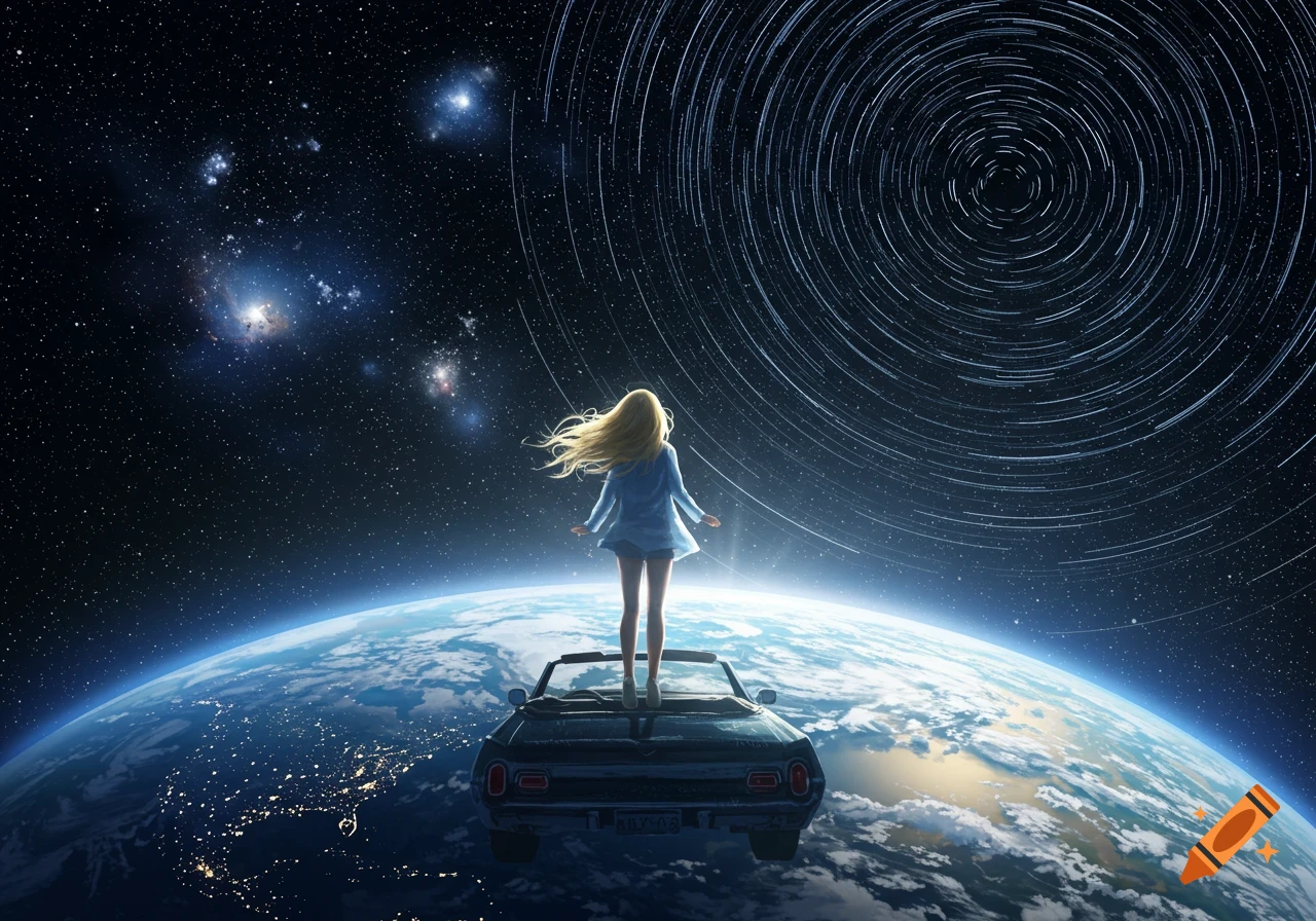 A blonde girl stands on a car flying above Earth, looking at star trails and galaxies in deep space. Anime art style.