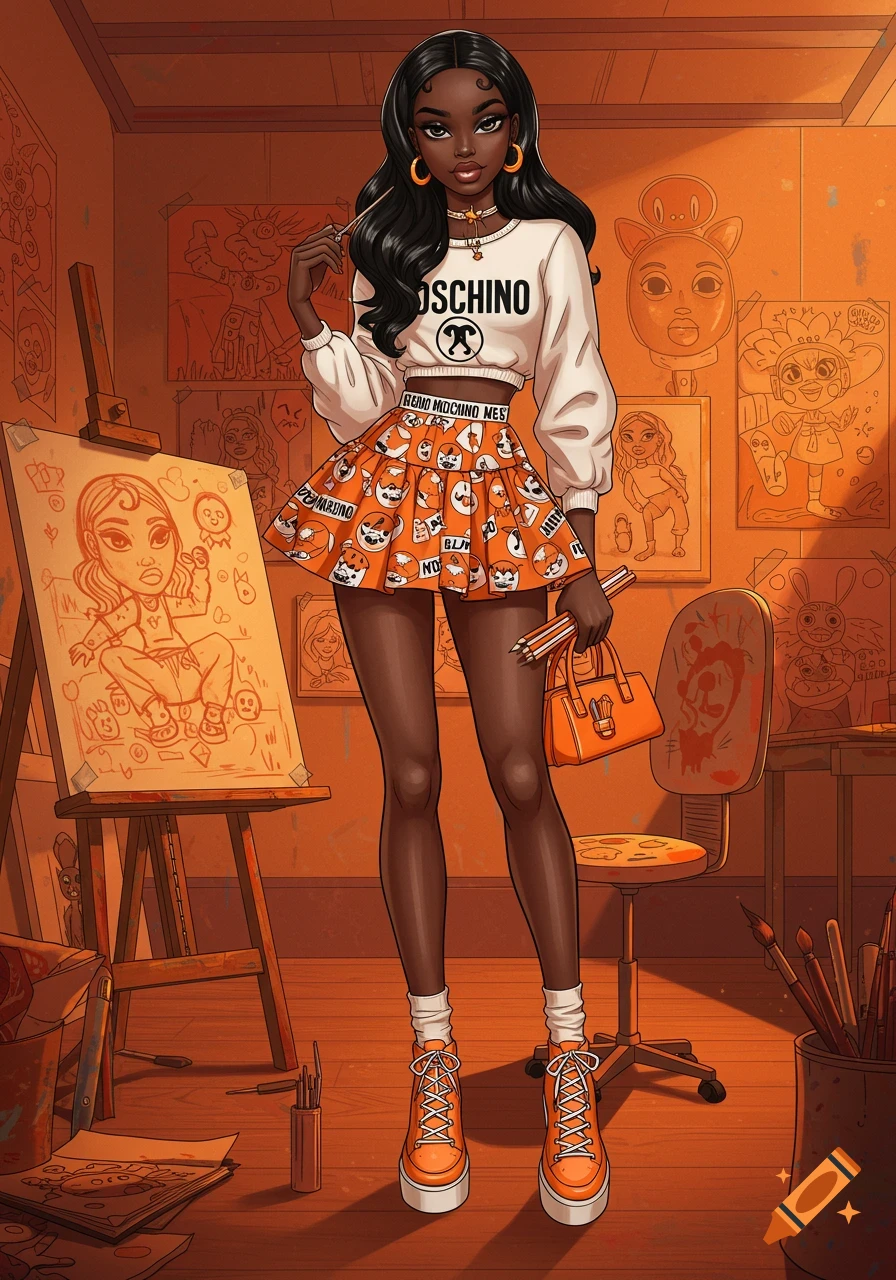 A dark-skinned woman with black hair wears a white Moschino crop top and orange patterned skirt, holding pencils in an art studio with cartoon drawings.