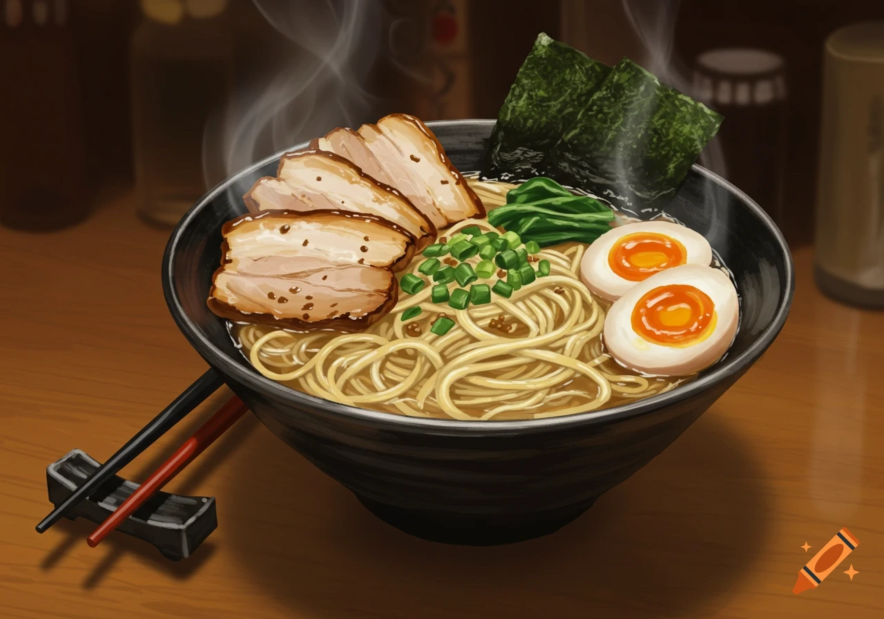 A steaming bowl of ramen with pork, soft-boiled eggs, green onions, and seaweed, with chopsticks next to it on a wooden table.