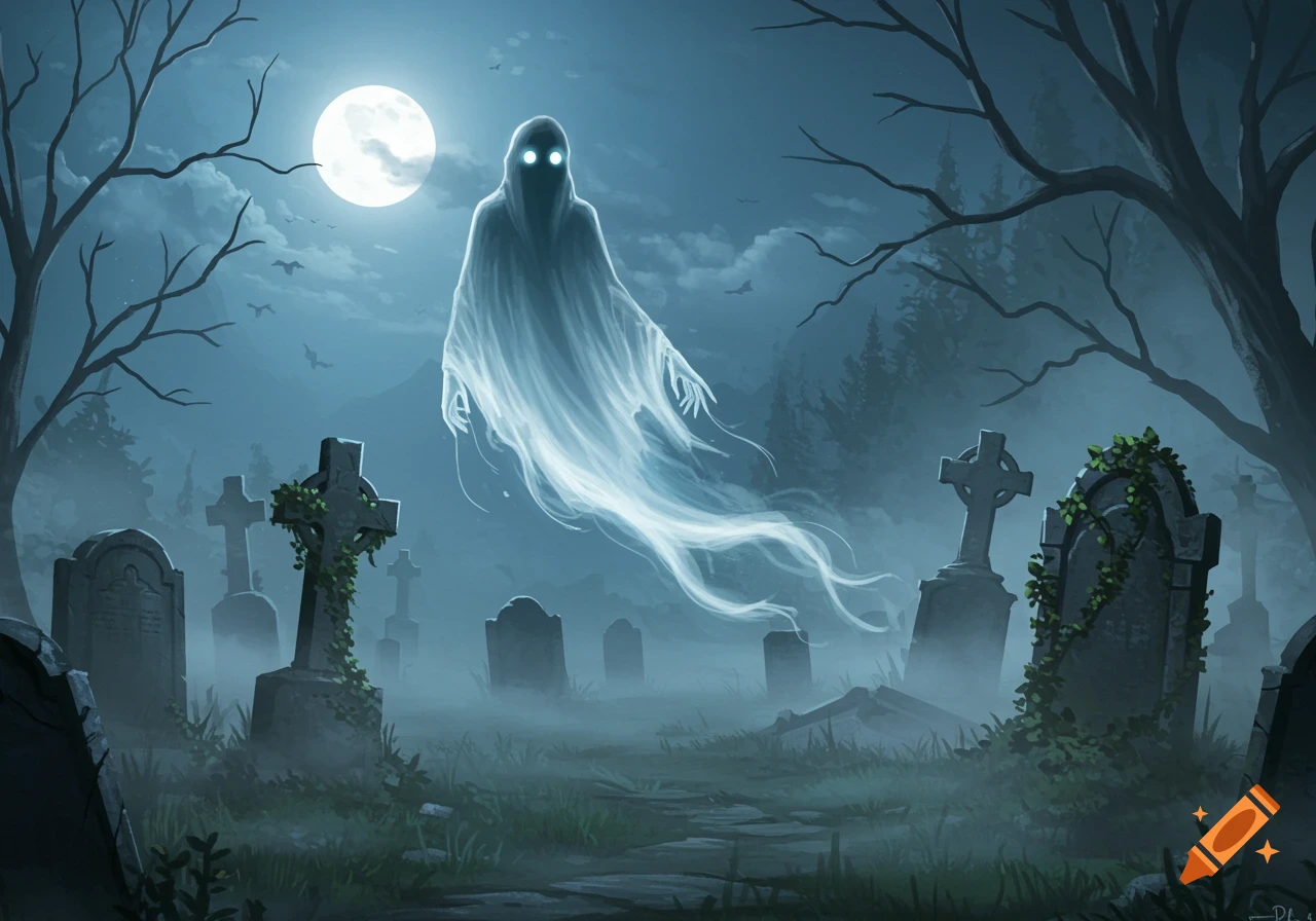 A glowing white ghost floats above a misty graveyard with tombstones and bare trees under a full moon. Stylized illustration.