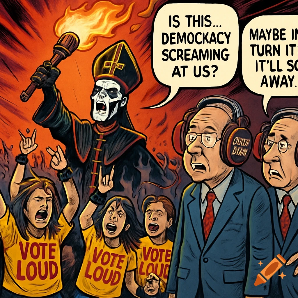 A political cartoon showing Papa Emeritus of Ghost holding a flaming torch, with screaming metalheads in Vote Loud shirts. Two politicians with large headphones look confused.