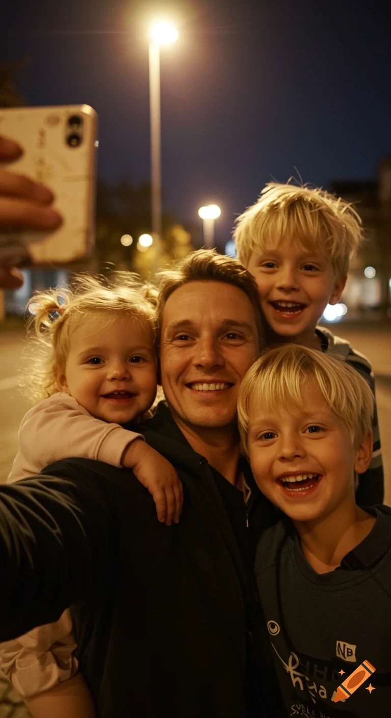 A father and his three young children, all with blonde hair, smiling at the camera during a night-time selfie outdoors, lit by streetlights.